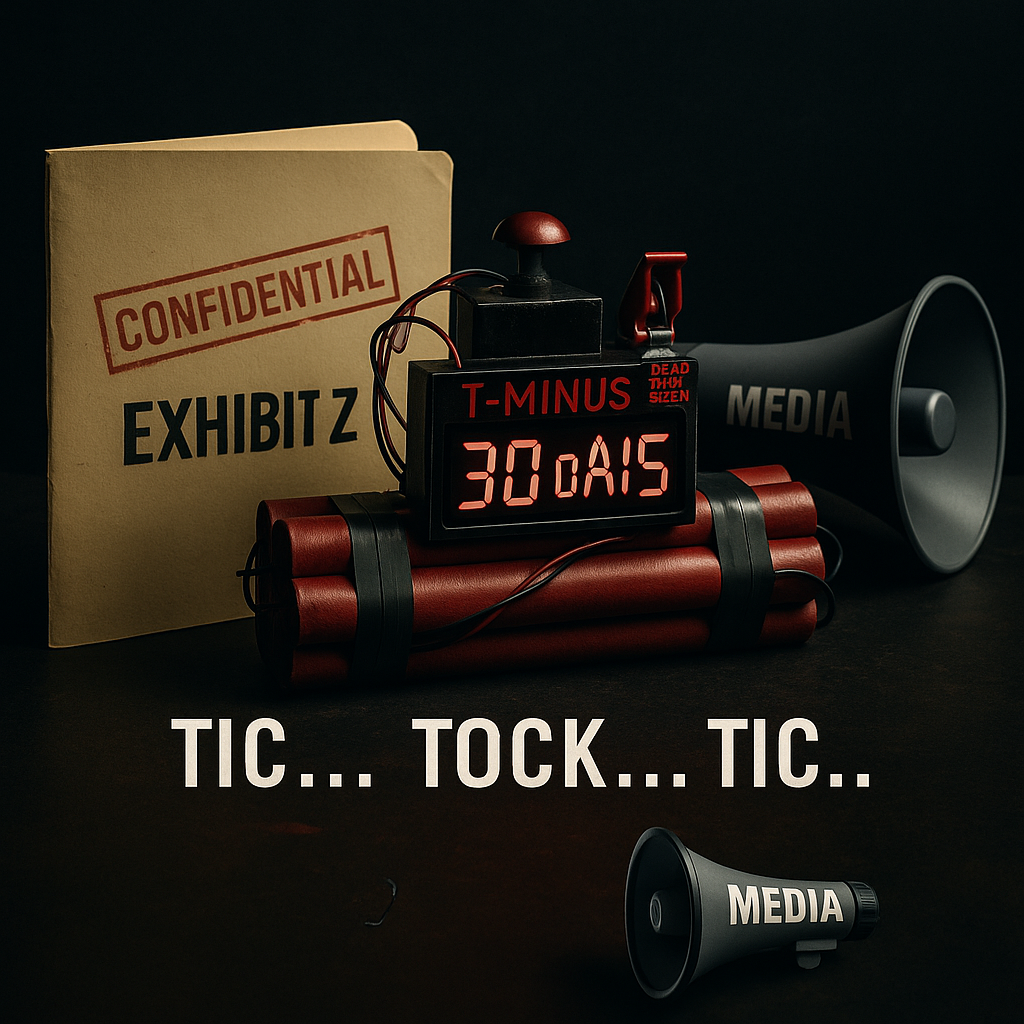 A digital countdown timer labeled "T-MINUS 30 DAYS" is wired to red dynamite sticks, beside a “CONFIDENTIAL – EXHIBIT Z” folder and a black megaphone marked MEDIA. The words “TIC... TOCK... TIC..” signal urgency.