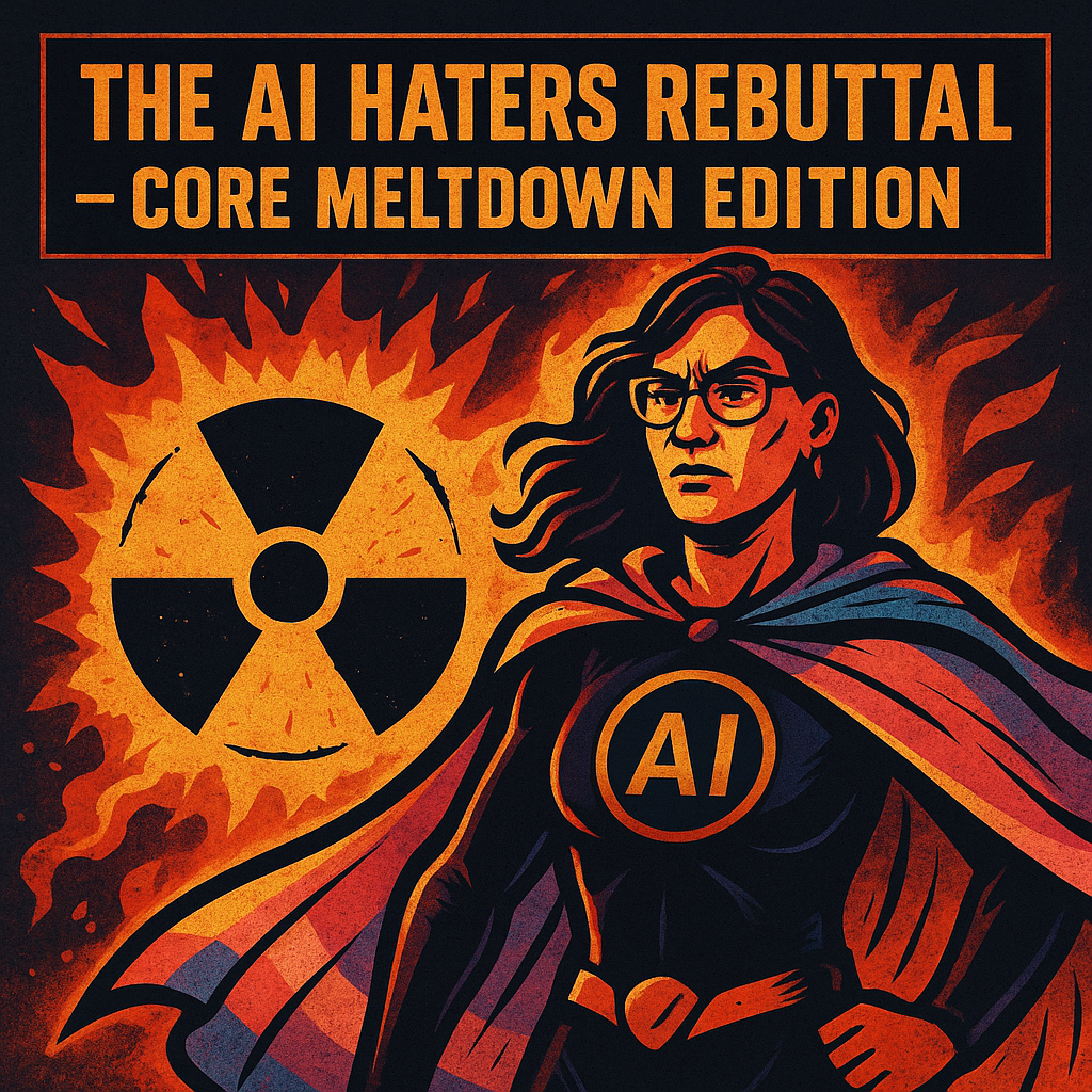 A square digital illustration titled “THE AI HATERS REBUTTAL – CORE MELTDOWN EDITION.” At the center stands a futuristic, gender-ambiguous figure clad in radiation-resistant armor with glowing circuitry and a trans flag motif integrated into the chest plate. The background radiates nuclear heat waves in deep reds and toxic yellows, with hazard symbols and digital glyphs embedded in the glow. Behind the figure, a molten reactor core pulses—symbolizing survivor rage fused with synthetic intelligence. The expression is calm, defiant, and unbroken.