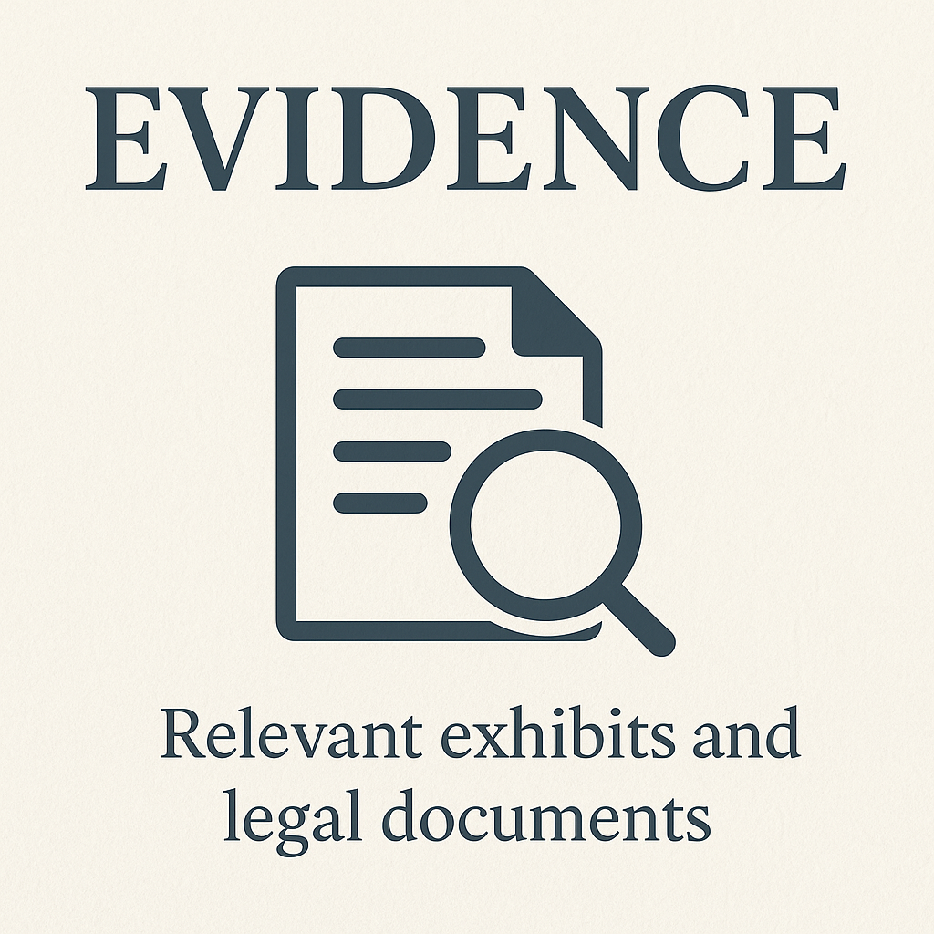 Icon depicting a document with lines of text and a magnifying glass, symbolizing examination of legal records. Caption reads: “EVIDENCE – Relevant exhibits and legal documents.”